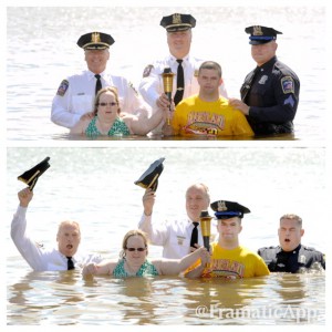 Taking the Plunge (L to R) D/Chief Terry Custer, Desiree Holland of Special Olympics, Chief Michael Wilson, Michael Heup of Special Olympics, D/Sgt. Bryan Waser