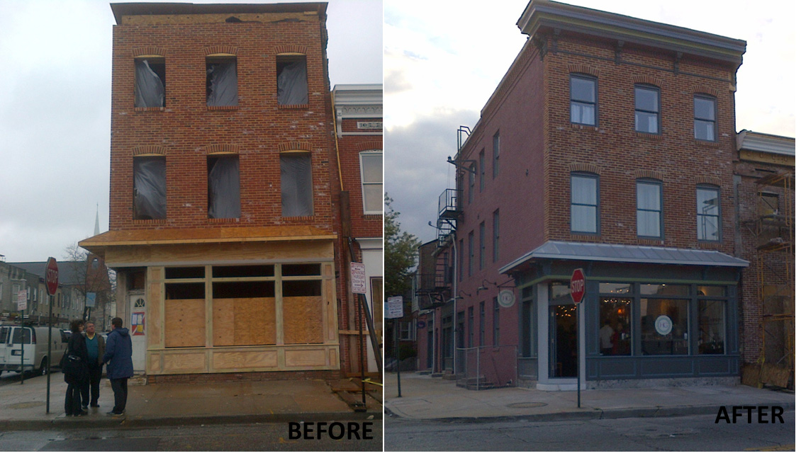 The transformation through the Neighborhood BusinessWorks program of this abandoned corner store into the Highlandtown Gallery, a place where local artists can show-off their work, demonstrates the impact a new façade can have on the entire neighborhood.