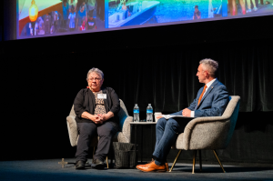 Mary Means, the “Mother of Main Streets,” speaks with Jake Day, Secretary of Maryland’s Department of Housing Community Development, during the Main Street Maryland Conference in Frederick, Maryland on Oct. 8, 2024. (Photo Credit: MEDA/Sean Reel)