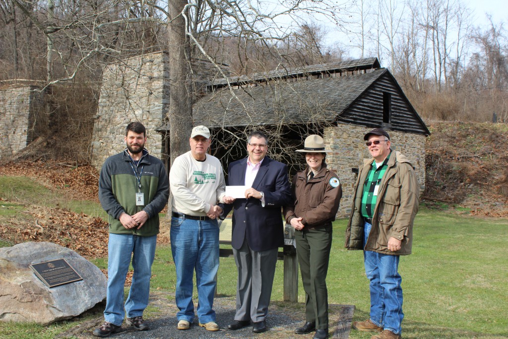 L to R: Jacob Fisher, FirstEnergy Tramsmission Foresty Specialist; Gerald Harris, Friends of Cunningham Falls and Gambrill State Parks, Inc.; James Sears, President, Maryland Operations FirstEnergy Corp.; Ranger Alicia Norris; Charles Brewer, FirstEnergy Transmission Forestry Supervisor.