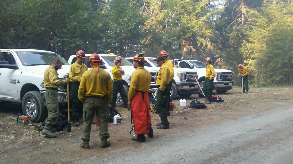 MDS #2 fire crew members prepare for their work day on the Clear Fire, near Happy Camp, CA on the Klamath National Forest. Fire is 1,900 acres, 10% contained.