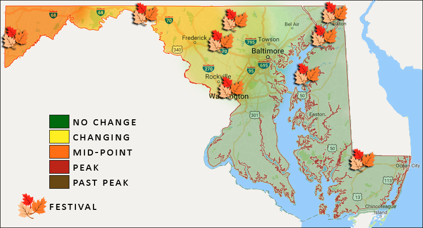 Maryland map marking events with leaves