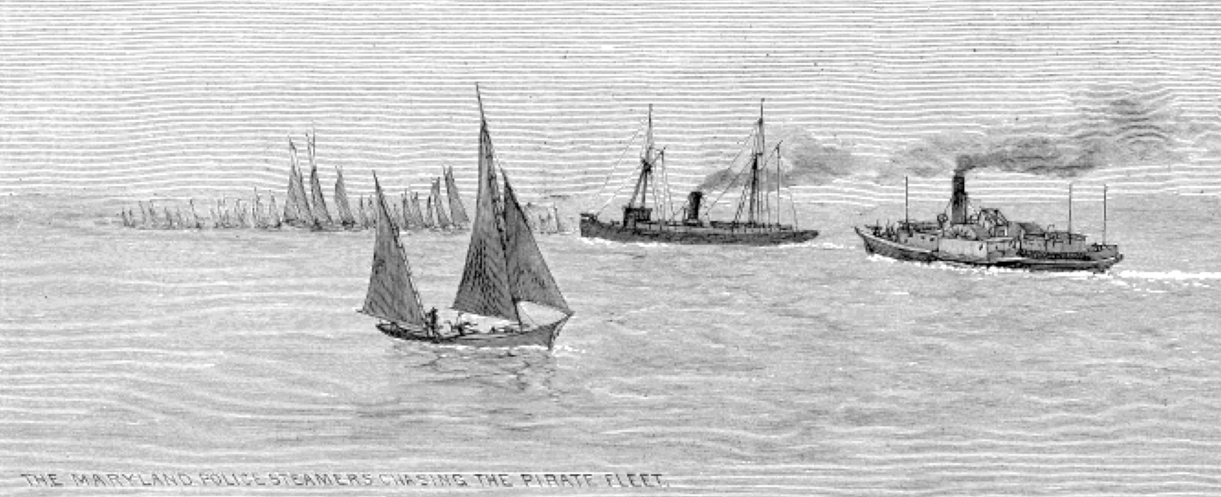 Illustration of Maryland police chasing pirate fleet