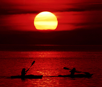 Photo of kayakers against red sunset