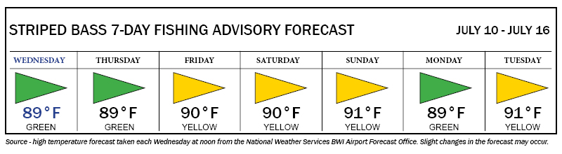Image of Advisory forecast which shows green flags on Wednesday, Thursday and Monday, and yellow flags on Friday, Saturday, Sunday, and Tuesday