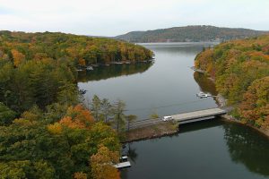 fall colors and a bridge over the lake