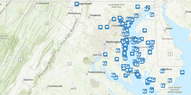 Map of Maryland showing flooding reports