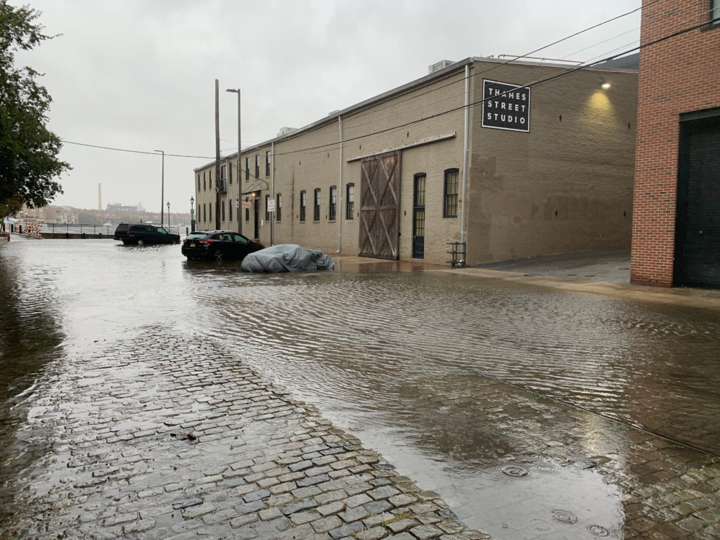 Flooding in Baltimore from during an unnamed coastal storm on Oct. 29, 2021. On this day, the water levels were about 3.4 feet higher than usual due to storm surge and rain