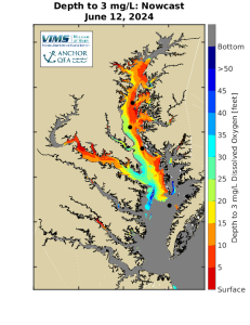 Map of Chesapeake Bay color coded by oxygen levels in the water