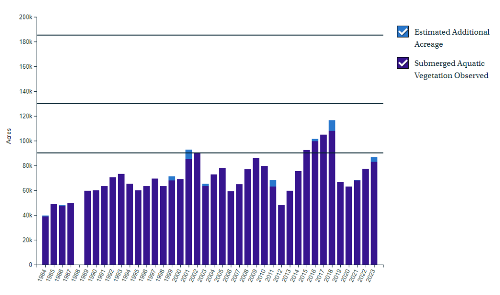 A graph showing low numbers of underwater grasses, which increases before dipping again.