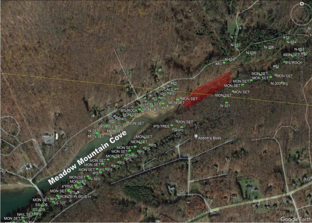 A map of the Meadow Mountain Cove area, with a patch in the upper corner in red.