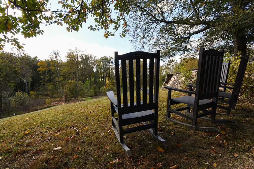 Empty rocking chairs at the Fair Hill Visitor Center