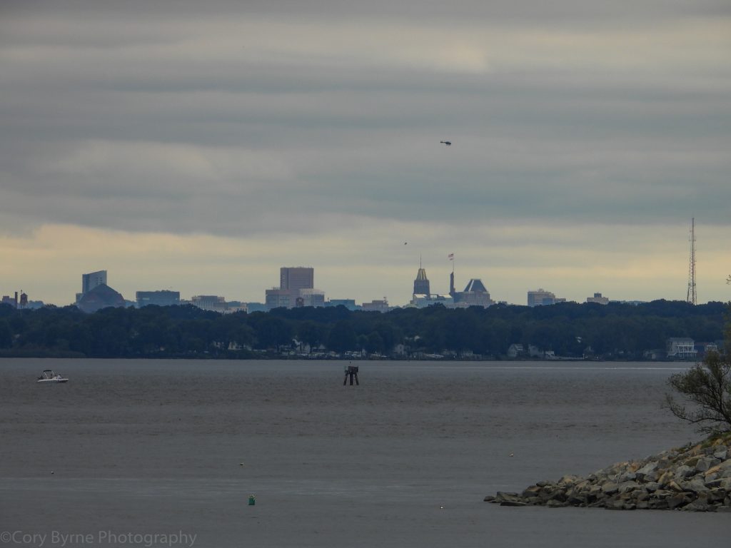 The Baltimore skyline visible over the Chesapeake Bay from Hart-Miller Island