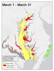 Map of striped bass closures for March