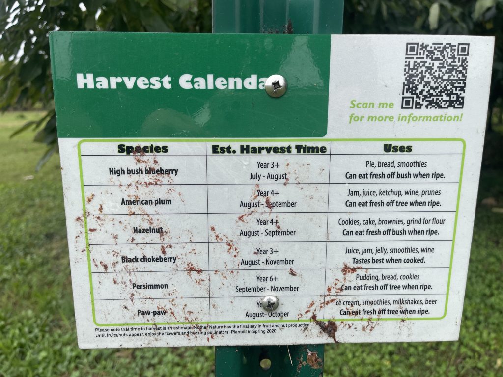 Sign featuring harvest calendar for various trees and shrubs