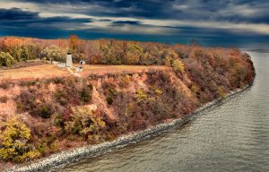 Elk Neck Light on the cliffs overlooking the Elk River in autumn