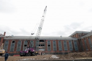 A crane takes its first swipe at the former Maryland House of Correction in Jessup. 