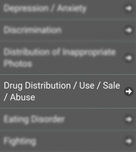 Safe Schools Maryland App Screen shot showing the Drug. Distibution/ Use/Sale/Abuse category option