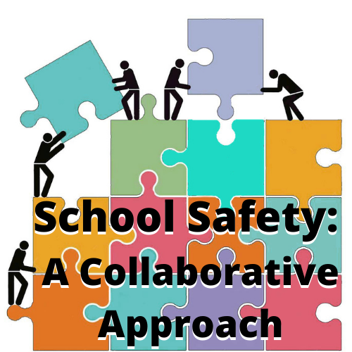 School Safety A Collaborative Approach conference logo. Puzzle pieces with stick men building a tower.