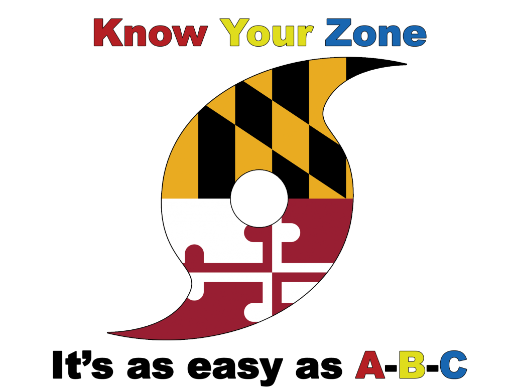 The Know Your Zone Logo. A Hurricane Icon with the Maryland State Flag image in it. Text reads "Know Your Zone It's as easy as A-B-C"