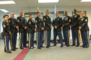 From left 1st Sgt. Tracy Lee, Battaltion Operations Sergeant; Command Sgt. Maj. William Davis, 581st Command Sgt. Maj.; Sgt. 1st Class James Lentscher, 2-53rd 1st Sgt; Sgt. Maj. Jen Combs, Battalion Operations Sergeant; Command Sgt. Maj. Kimberly Mendez, Maryland Army National Guard Command Sergeant Major; Staff Sgt. Brandon Kennedy, Maryland Army National Guard Noncommissioned Officer of the Year; Spc. Christopher Hoffman, Maryland Army National Guard Soldier of the Year; Command Sgt. Maj. Craig Willet, 29th CAV Command Sergeant Major; Sgt. Maj. Teresa Landon, 29th DIV Senior Enlisted Advisor. The Region II Best Warrior Competition events included the Army Physical Fitness Test, Land Navigation, Marksmanship, several Warrior Tasks and a Board.(Photo by Staff Sgt. Nancy Spicer, 29th Mobile Public Affairs Detachment)