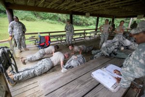 The Maryland Army National Guard’s 104th Area Support Medical Company conducts it’s first Medical Warrior Challenge competition on Sept. 12, 2015, to build teamwork and strengthen esprit de corps within the unit. The competition takes place at Camp Fretterd Military Reservation near Reisterstown, Md., and includes a 500-group push-up event, 9-line medevacs, medical scenarios, sked litter obstacle course, land navigation, and road march. (Photo by Sgt. 1st Class Thaddeus Harrington, Maryland National Guard Public Affairs Office)