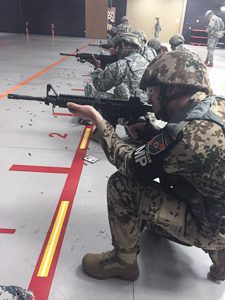 German Army Capt. Thomas Werft qualifies on the M4 rifle with Headquarters and Headquarters Detachment of the 115th Military Police Battalion, Maryland National Guard at Fort Meade, Md., June 15, 2015.