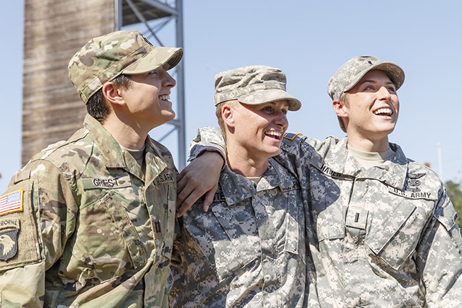 U.S. Army Reserve Maj. Lisa Jaster, center, became the third woman to graduate from the U.S. Army’s elite Ranger School, Oct. 16, 2015, in Fort Benning, Ga. Jaster, 37, joins just two other women, Capt. Kristen Griest, 26, left, and 1st Lt. Shaye Haver, 25, right, in gaining the coveted Ranger tab. (Paul Abell / AP Images for U.S. Army Reserve)
