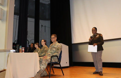 U.S. Army Brig. Gen. Janeen L. Birckhead (standing), commander of the Maryland Army National Guard, addresses the importance of intervention in sexual assault and harassment within the organization, at the Behavioral Health and Suicide Prevention Symposium for all Maryland Army National Guard unit command teams at Fort Meade, Md., Aug. 7, 2022. A critical component of readiness, suicide prevention is a stated priority of the Maryland Army National Guard. (U.S. Army National Guard photo by Maj. Brendan Cassidy)