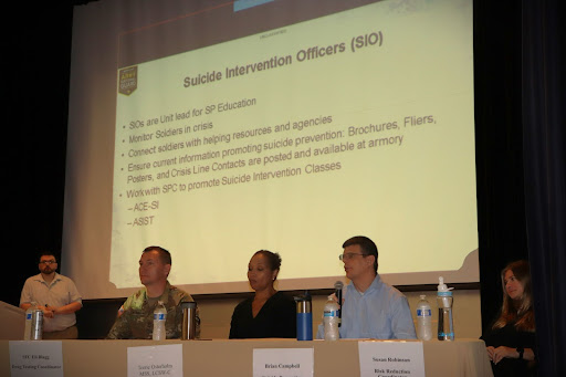 Mr. Brian Campbell (seated, second from right), the Suicide Prevention Program Coordinator for the Maryland National Guard, expounds on the importance of Suicide Intervention Officers (SIOs), at the Behavioral Health and Suicide Prevention Symposium for all Maryland Army National Guard unit command teams at Fort Meade, Md., Aug. 7, 2022. A critical component of readiness, suicide prevention is a stated priority of the Maryland Army National Guard. (U.S. Army National Guard photo by Maj. Brendan Cassidy)