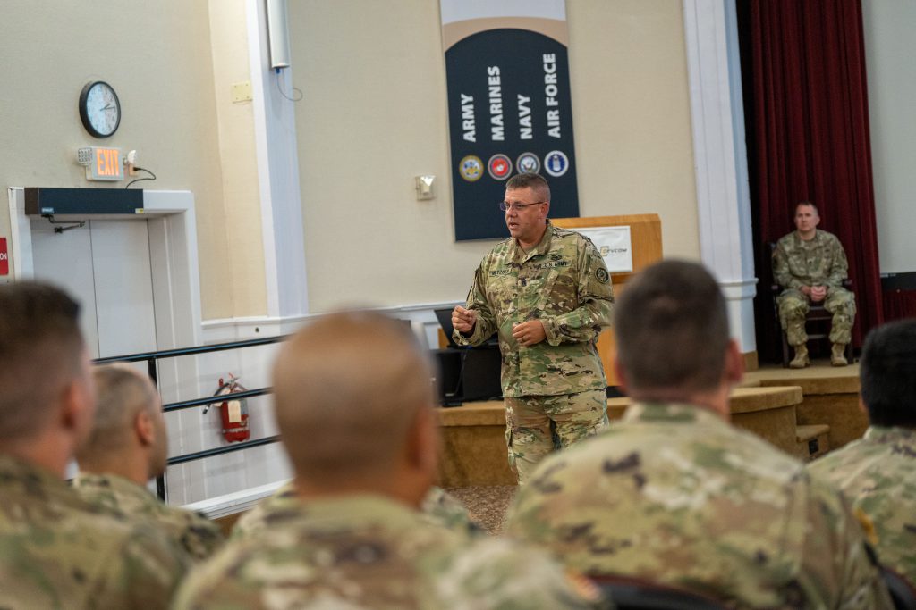 U.S. Army Command Sgt. Maj. Patrick Metzger, senior enlisted leader of the 58th Troop Command, speaks to Basic Military Police Course graduates in Edgewood, Md., Sept. 1, 2022. The 70th Regional Training Institute, 2nd Modular Training Battalion trains Soldiers from the Army National Guard, Reserves and Active Duty from all over the country focusing on training Soldiers who will become military police officers and already have a primary military occupational specialty (U.S. Army National Guard photo by Sgt. Tom Lamb)