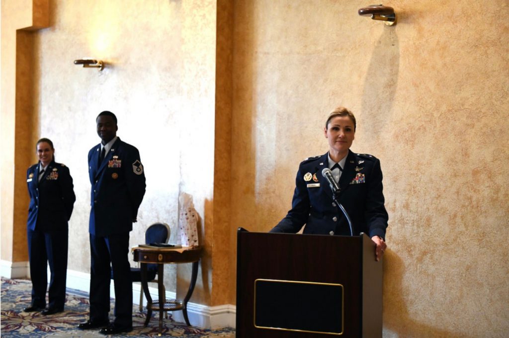 U.S. Air Force Maj. Gen. April D. Vogel speaks during a promotion ceremony at Joint Base Myer-Henderson Hall in Arlington, Virginia, April 8, 2022. Vogel is the director for the NGB’s Office of Legislative Liaison. (U.S. Air National Guard photo by Master Sgt. Erich B. Smith)