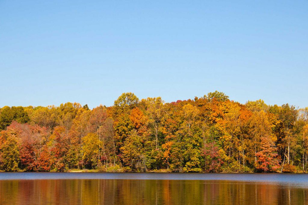 Peak colors of orange, yellow and red by a lake