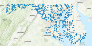 Map with dots showing public access points throughout Maryland