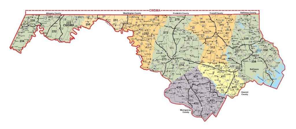 Map of several Maryland counties where chronic wasting disease has been detected in deer