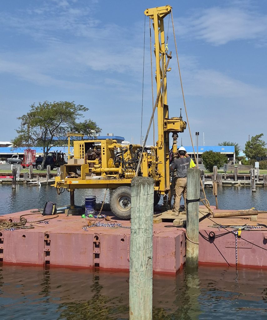 Construction equipment on a pier at a marina