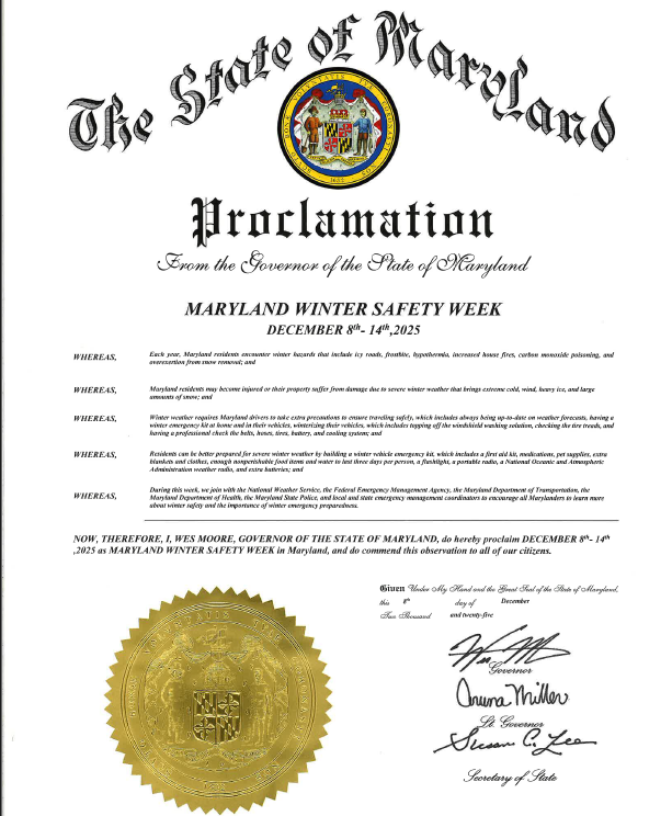 A thumbnail image of the Governor's Proclamation declaring that the week of December 8, 2025 through December 14, 2025 is the 2025 Maryland Winter Safety Week. The formal text appears along with the golden great seal of Maryland and the signature of Governor Wes Moore.
