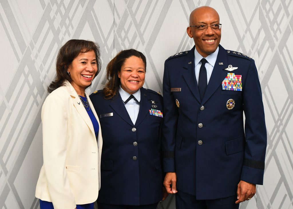 U.S. Air Force Maj. Christina Mayo (center), a Cyber Operations Officer assigned to the 175th Wing, Maryland Air National Guard poses for a photo with U.S. Air Force Gen. Charles Q. Brown, Jr., the Chief of Staff of the Air Force during Col. Dear Beloved’s promotion ceremony, June 1, 2023, at the Military Women’s Memorial in Arlington, Va. (Maryland Defense Force photo by Lt. Col. Isadore Beattie)