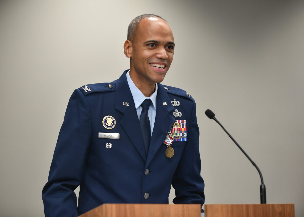 U.S. Air Force Col. Dear Beloved, a senior advisor assigned to the Office of Performance and Budget, White House Office of National Drug Control Policy, Executive Office of the President, Washington, D.C., speaks during his promotion ceremony, June 1, 2023, at the Military Women’s Memorial in Arlington, Va. Beloved has deployed to Kuwait, Iraq and Afghanistan in support of Operation Iraqi Freedom, Operation Enduring Freedom, and Operation Inherent Resolve. (Maryland Defense Force photo by Lt. Col. Isadore Beattie)