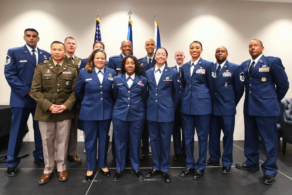 Members of the Maryland National Guard pose for a photo with U.S. Air Force Gen. Charles Q. Brown, Jr., the Chief of Staff of the Air Force and U.S. Air Force Col. Dear Beloved, a senior advisor assigned to the Office of Performance and Budget, White House Office of National Drug Control Policy, Executive Office of the President, Washington, D.C. during a promotion ceremony, June 1, 2023, at the Military Women’s Memorial in Arlington, Va. The MDANG provided escorts, logistics readiness planning, security forces and public affairs support for Col. Beloved’s promotion ceremony. (Maryland Defense Force photo by Lt. Col. Isadore Beattie)